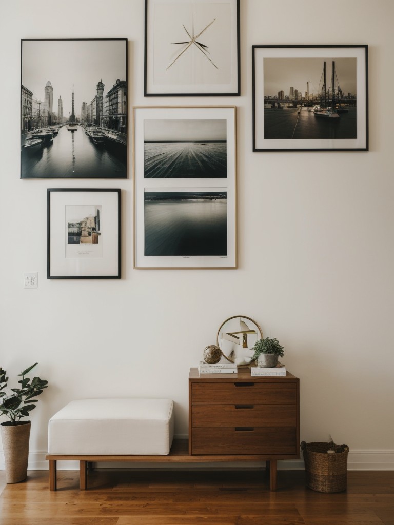 The art of creating a gallery wall in apartments, featuring a mix of framed artwork, photographs, and decorative objects.