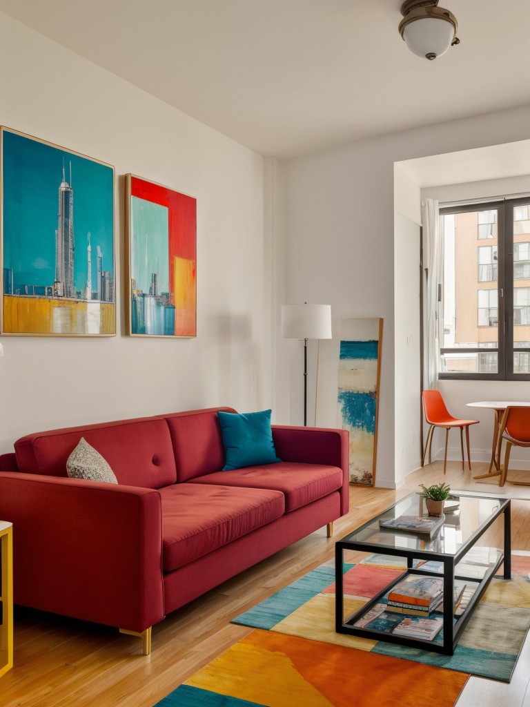 Artistic and vibrant one bedroom apartment design, incorporating bold artwork, bright colors, and unique furniture pieces for a creative and inspiring atmosphere.