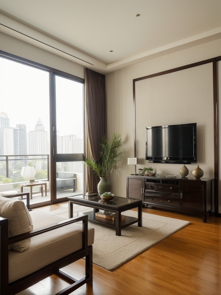 Asian-inspired one bedroom apartment with elegant furnishings, Asian motifs, and a serene color palette to promote relaxation and harmony.