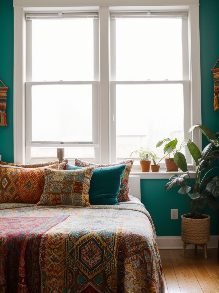 Bohemian chic one bedroom apartment featuring bold patterns, vibrant colors, and cozy textiles to create a relaxed and inviting atmosphere.