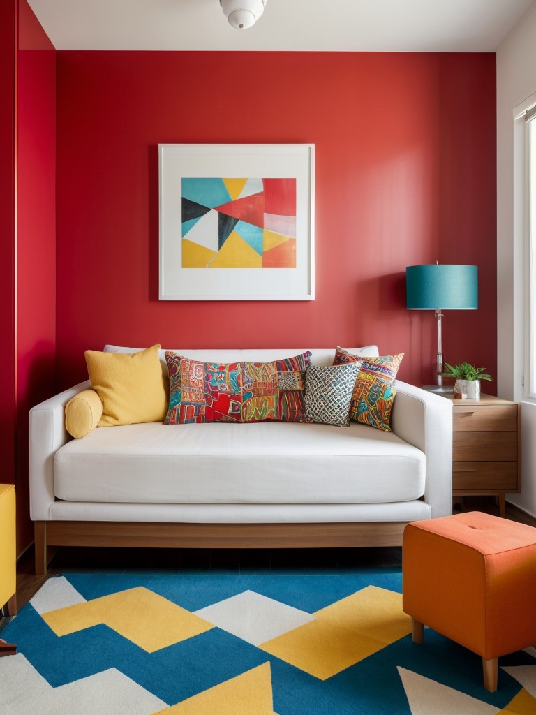 Bold and vibrant one bedroom apartment design, with accent walls, playful patterns, and statement furniture pieces for an energetic and dynamic living space.