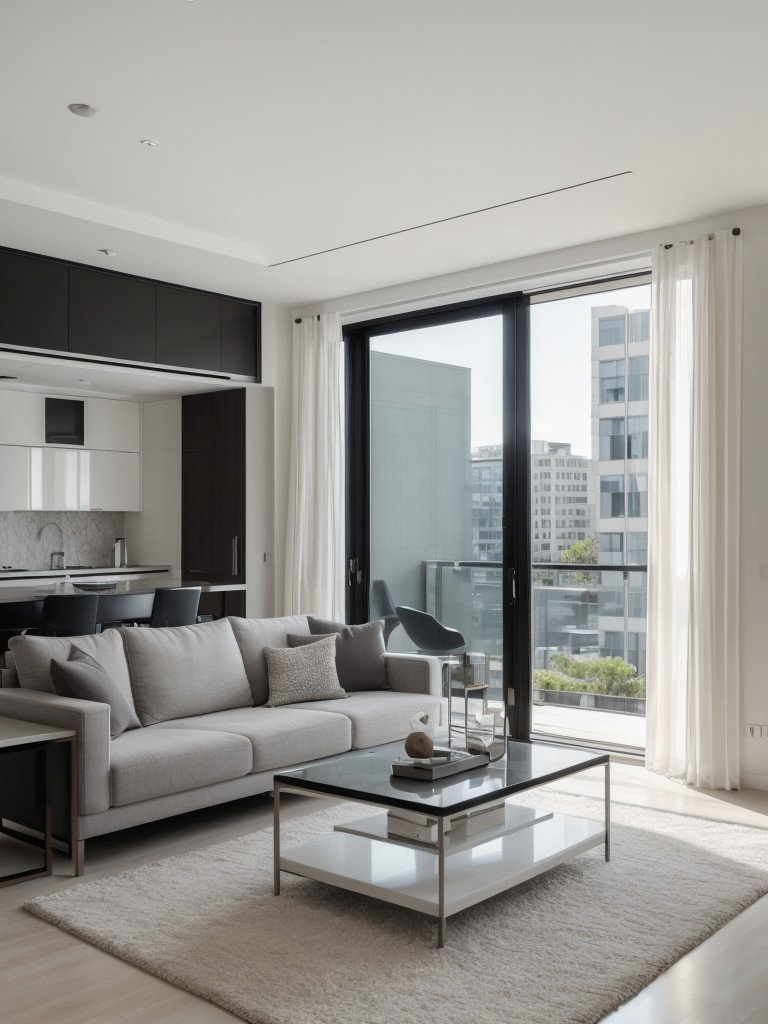 Contemporary and sleek one bedroom apartment, with a focus on clean lines, minimalist design, and high-end finishes for a sophisticated and modern look.