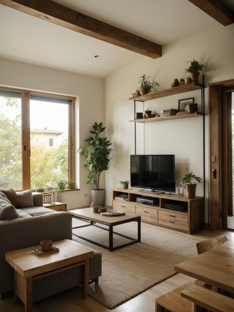 Earthy and natural one bedroom apartment design, with sustainable materials, plant-filled spaces, and earth tones to create a harmonious and eco-friendly home.