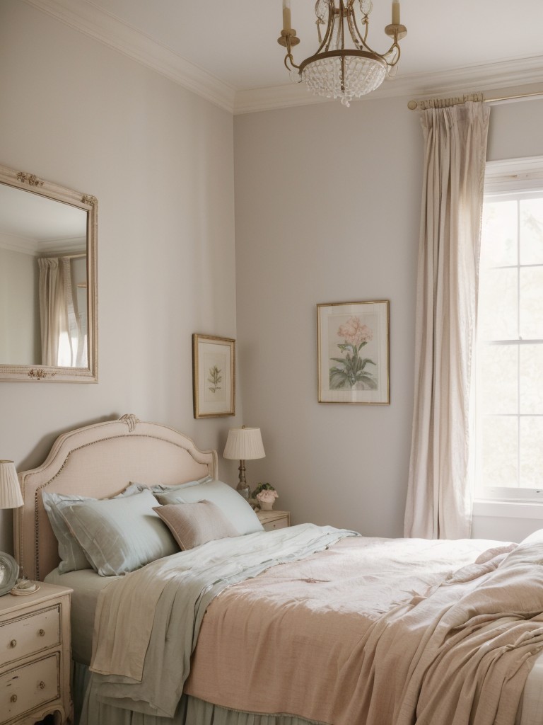 French country-inspired one bedroom apartment with soft pastel colors, elegant fabrics, and vintage accents for a romantic and charming atmosphere.