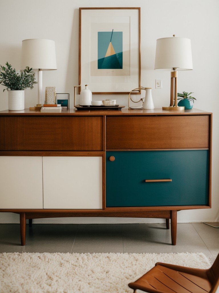 Mid-century modern one bedroom apartment with iconic furniture pieces, retro colors, and clean minimalist design for a timeless aesthetic.