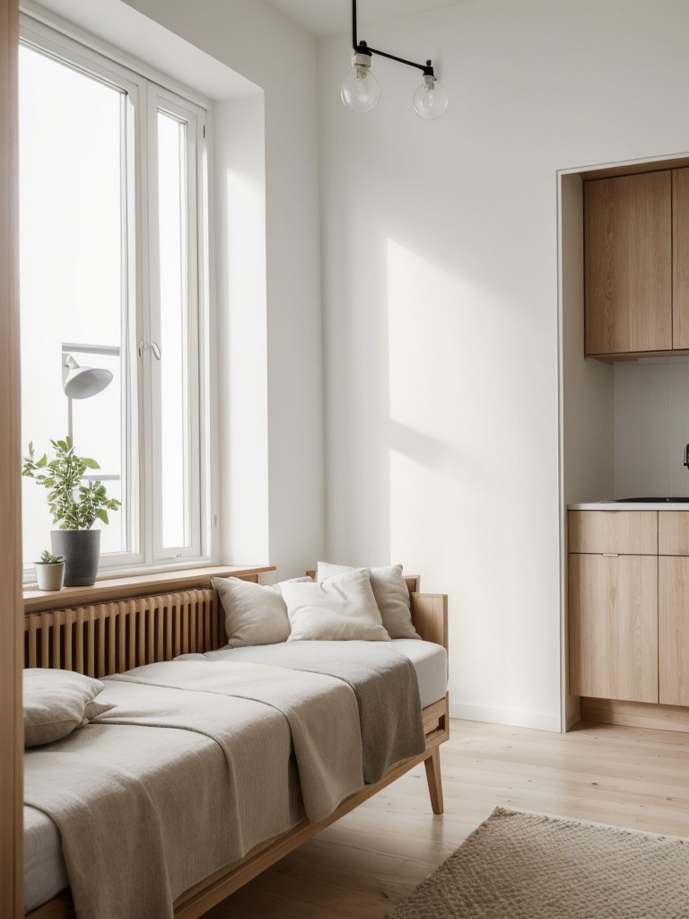 Scandinavian-inspired one bedroom apartment with light wood accents, clean lines, and a focus on natural light for a fresh and airy feel.