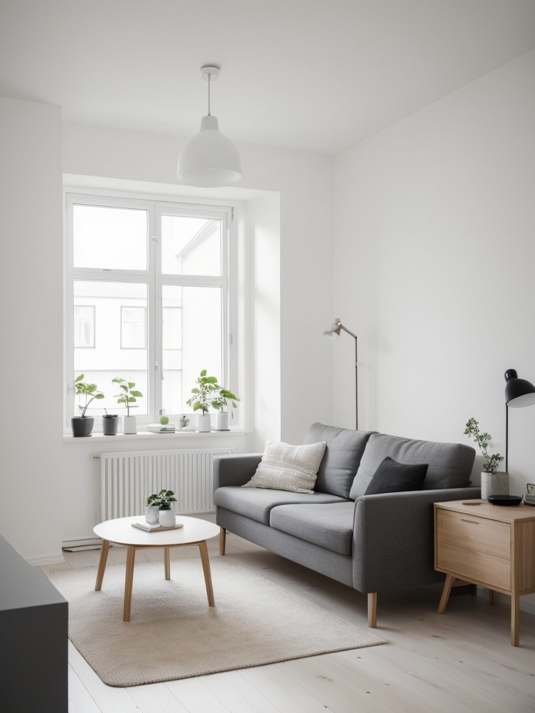 Scandinavian minimalist one bedroom apartment, with white walls, light wood furniture, and simple decor to achieve a clean and serene living space.