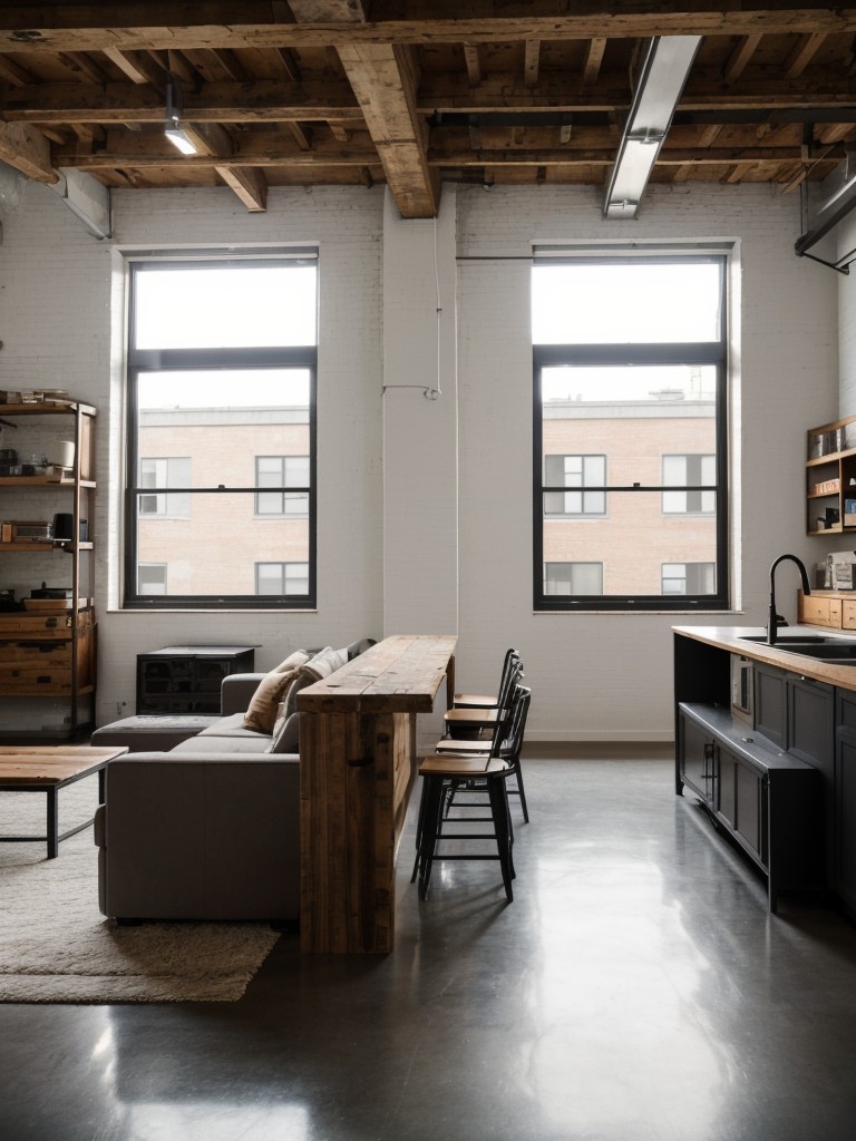 Urban loft-style one bedroom apartment featuring exposed beams, salvaged materials, and an open floor plan to create an industrial and cutting-edge vibe.