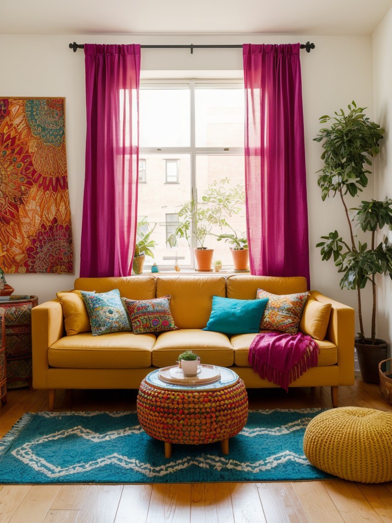 Bohemian apartment decor ideas, incorporating bright colors, bold patterns, and an array of textures for a free-spirited and relaxed vibe.