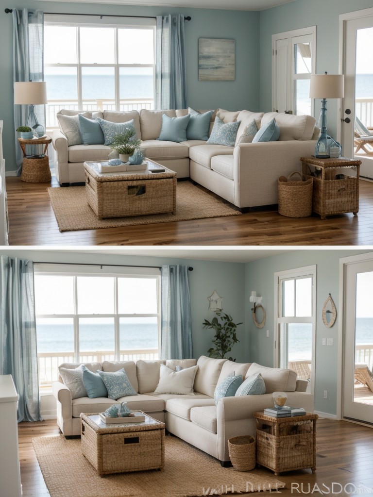 Coastal apartment decor tips, using a light color palette, natural materials, and nautical accents to create a calming and beachy ambiance.