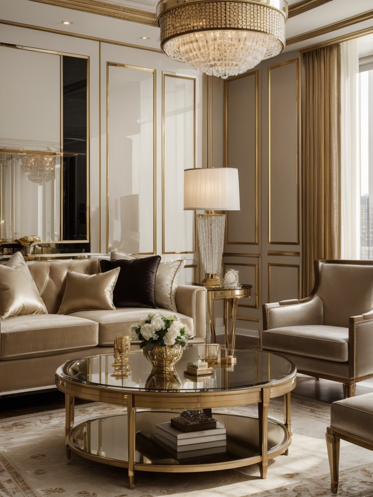 Glamorous apartment decor inspiration, incorporating luxurious materials, metallic accents, and glamorous lighting fixtures for a sophisticated and high-end look.