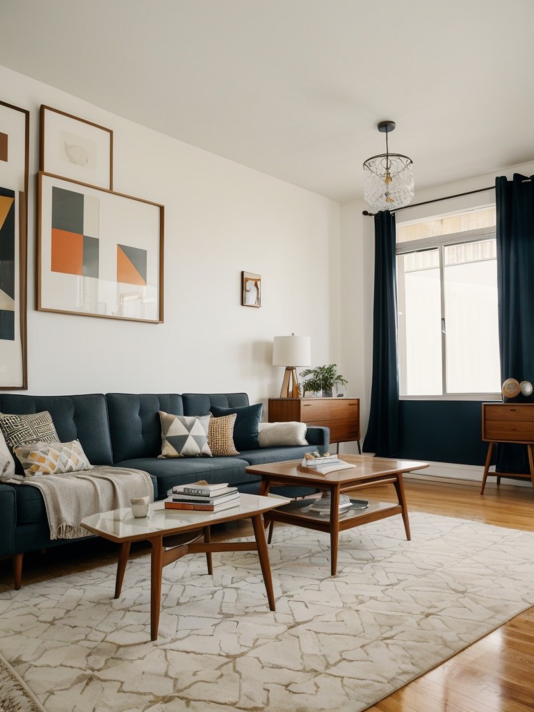 Mid-century modern apartment design inspiration, featuring iconic furniture pieces, geometric patterns, and a blend of vintage and contemporary elements.