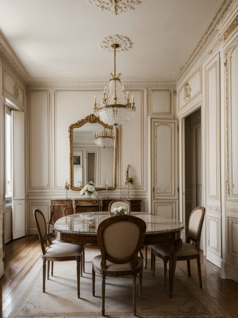 Parisian chic apartment design tips, capturing the elegant and timeless style of Paris with romantic details, antique furniture, and sophisticated artwork.