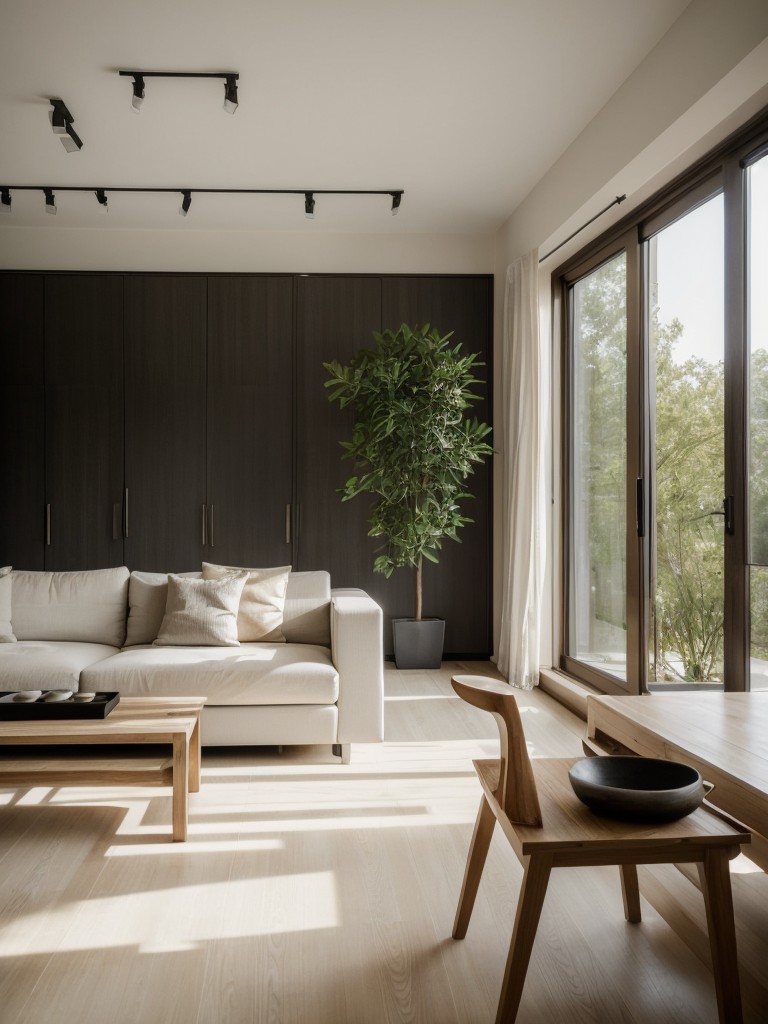 Zen apartment decor inspiration, creating a serene and balanced living environment through minimalistic design, natural colors, and elements of nature.