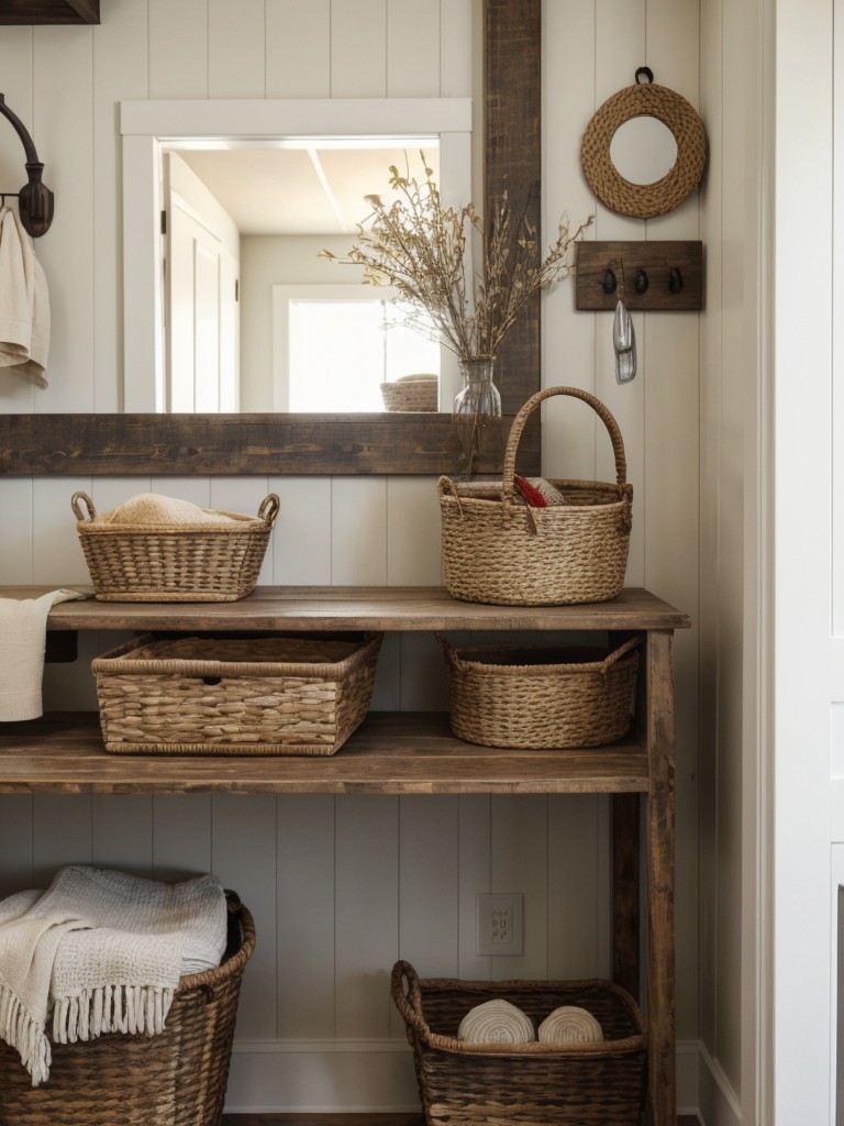 Channel a rustic vibe with a wooden console table, a vintage-inspired coat rack, and a woven basket for accessories.