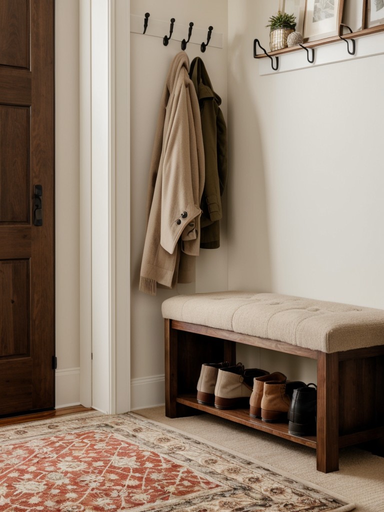 Create a cozy and welcoming entryway with a plush rug, a stylish coat rack, and a bench with hidden shoe storage.