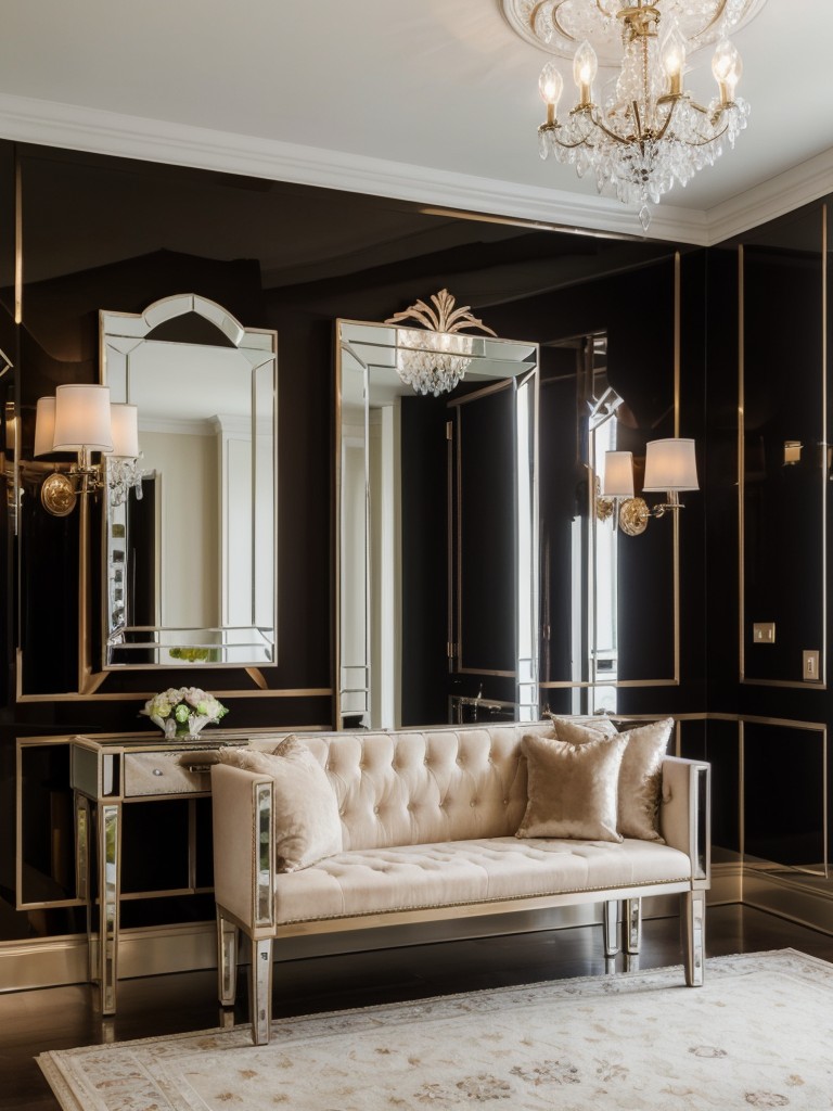 Create a glamorous entryway with a mirrored accent wall, a crystal chandelier, and a luxurious velvet bench.