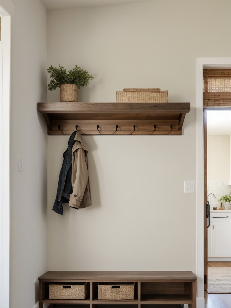 Create a multi-functional space with a built-in bench with hidden storage, a wall-mounted coat rack, and a decorative wall shelf for personal items.