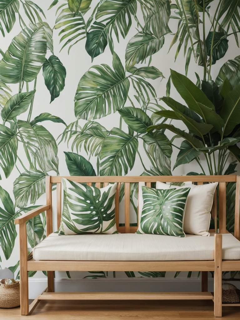 Create a tropical oasis with potted plants, a leaf print wallpaper, and a natural woven bench.