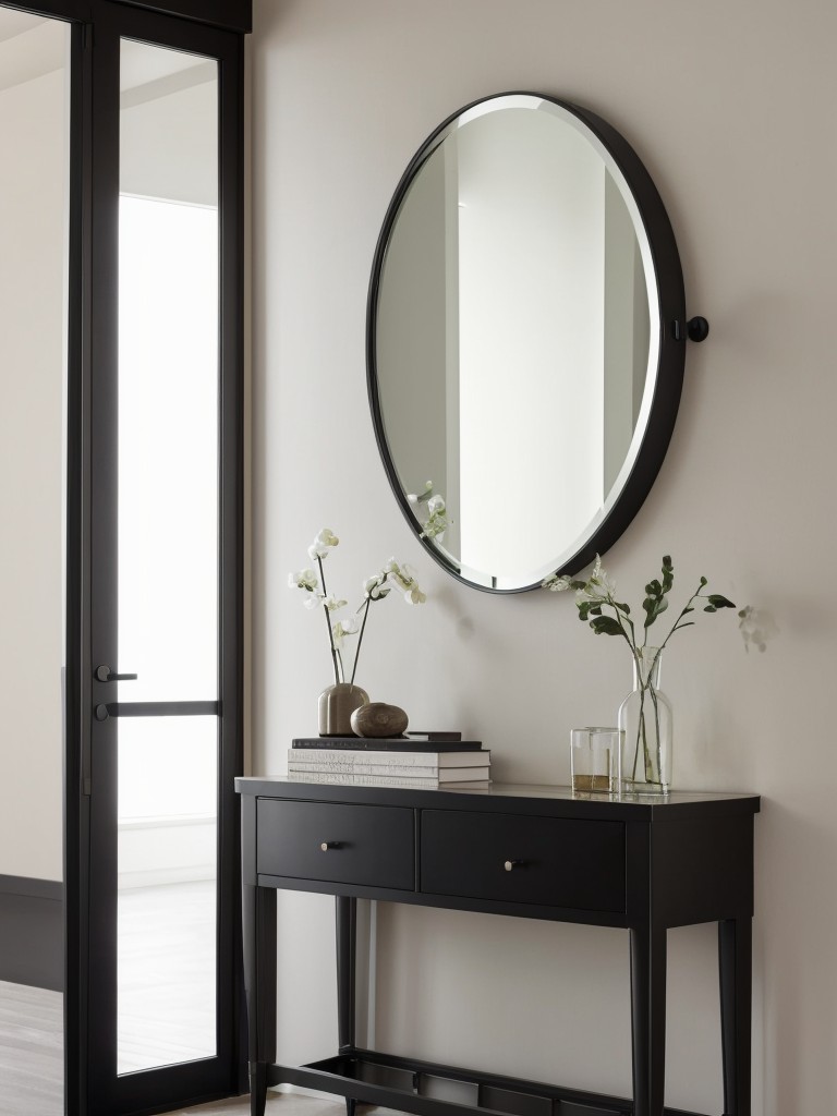 Curate a modern entrance with a sleek console table, a statement mirror, and industrial-inspired wall sconces.