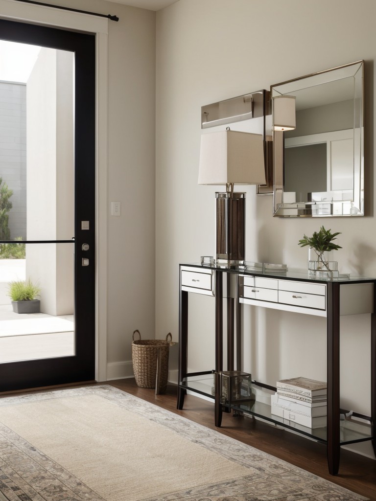 Design a contemporary entrance with a glass console table, a geometric rug, and a statement pendant light.