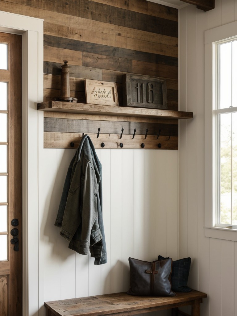 Design a modern farmhouse entrance with a reclaimed wood bench, a shiplap accent wall, and a vintage-inspired coat rack.