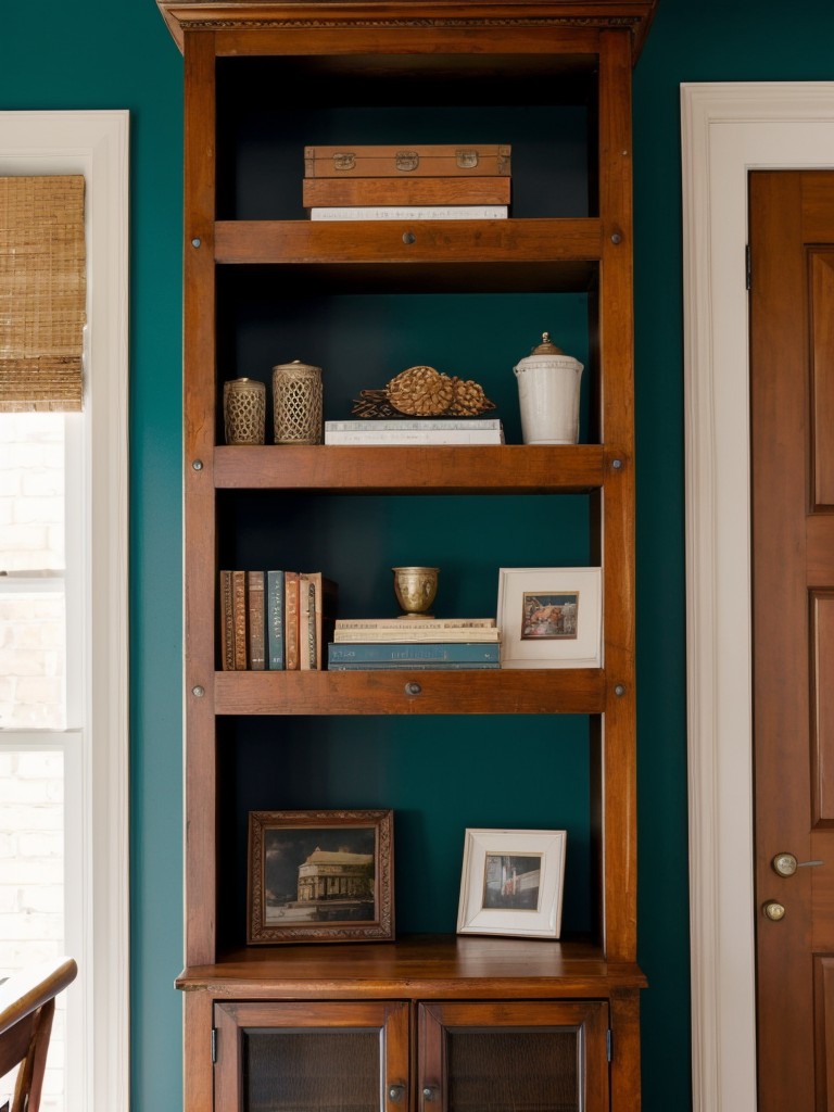 Embrace an eclectic style with a mix of vintage bookshelves, an antique coat rack, and an unexpected pop of color.