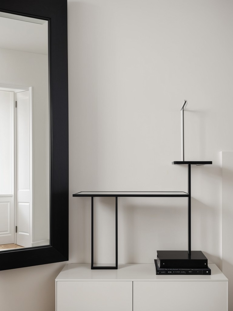 Embrace minimalism with a slim console table, a large floor mirror, and a sleek coat rack for efficient storage.