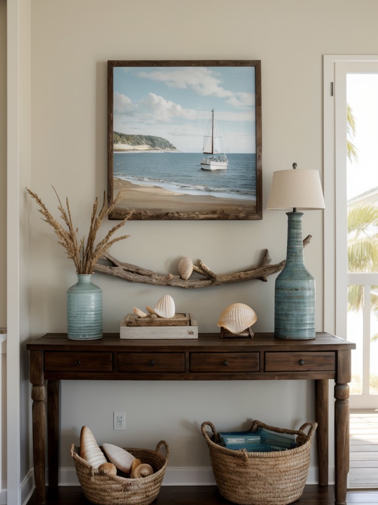 Establish a coastal-inspired entrance with a driftwood console table, seashell decor, and nautical-themed artwork.