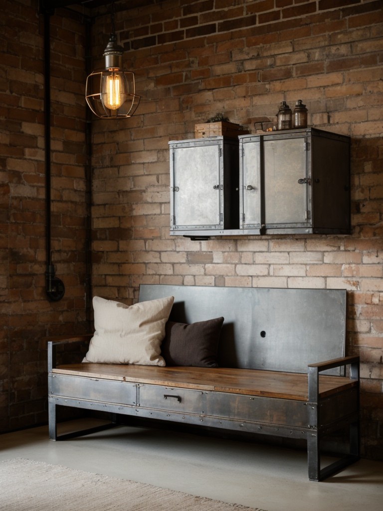 Incorporate an industrial feel with a metal storage bench, exposed brick walls, and vintage-inspired pendant lights.