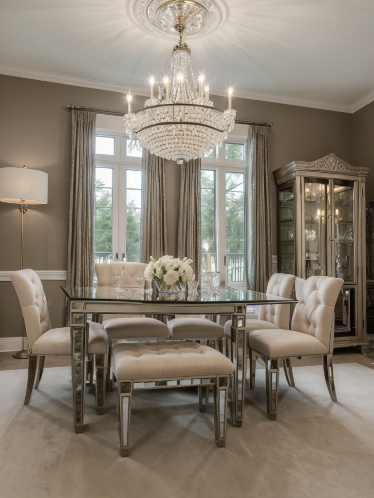 Infuse a touch of elegance with a crystal chandelier, a mirrored accent table, and a tufted bench for a luxurious feel.