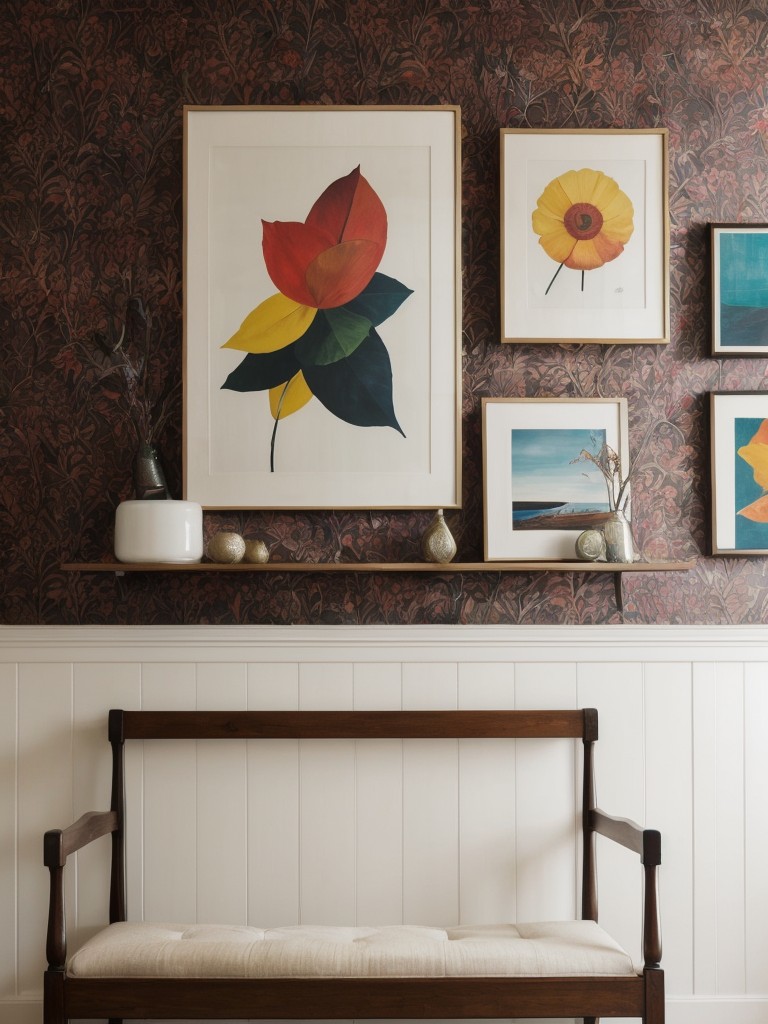 Make a statement with vibrant wallpaper, a bold bench, and a gallery wall showcasing your favorite artwork.