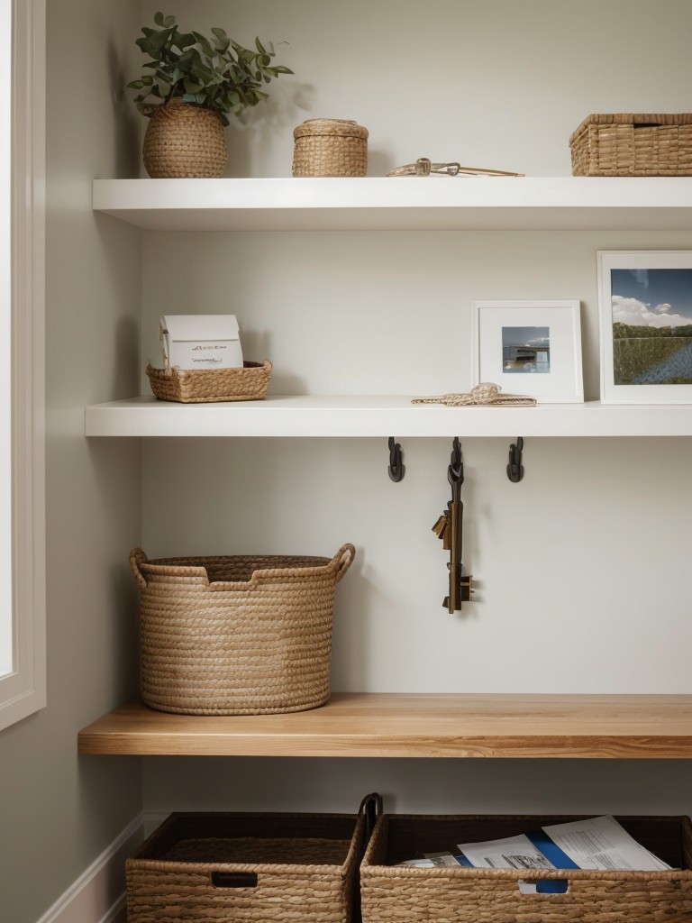 Optimize space with a functional storage bench, wall-mounted hooks, and a decorative floating shelf for keys and mail.