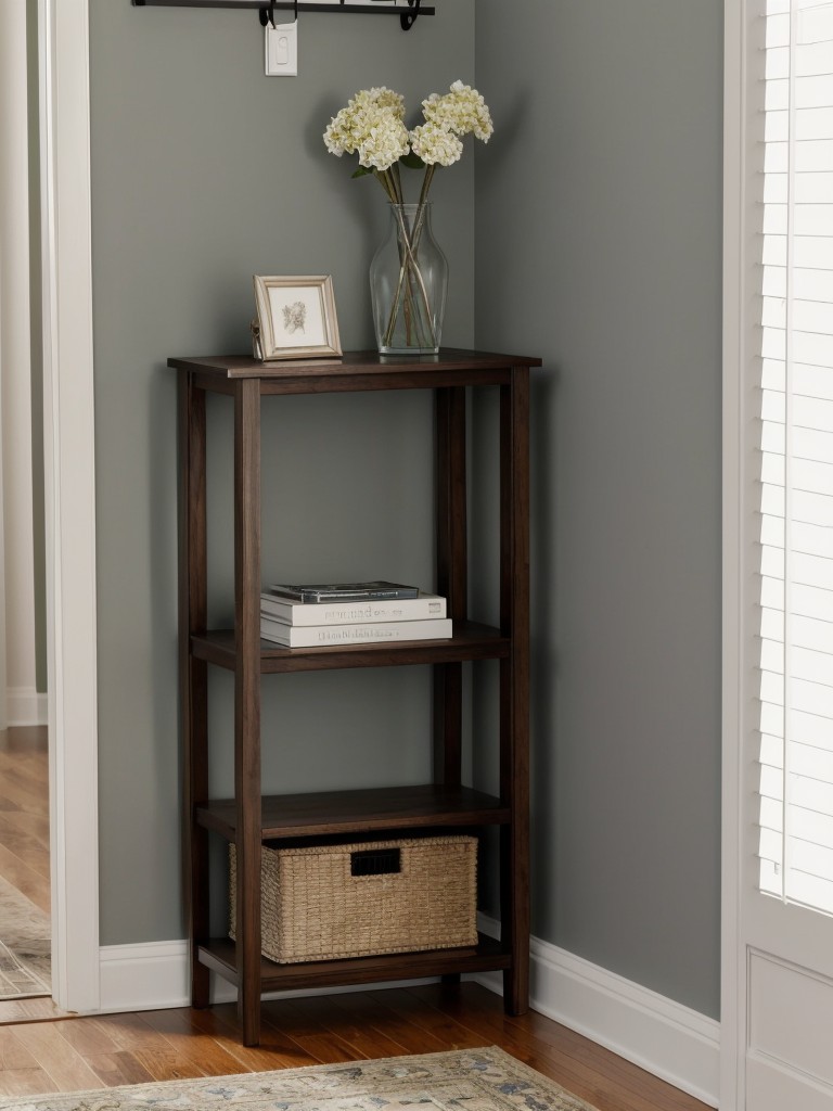 Utilize a small space with a narrow console table, wall-mounted hooks, and a stylish umbrella stand.