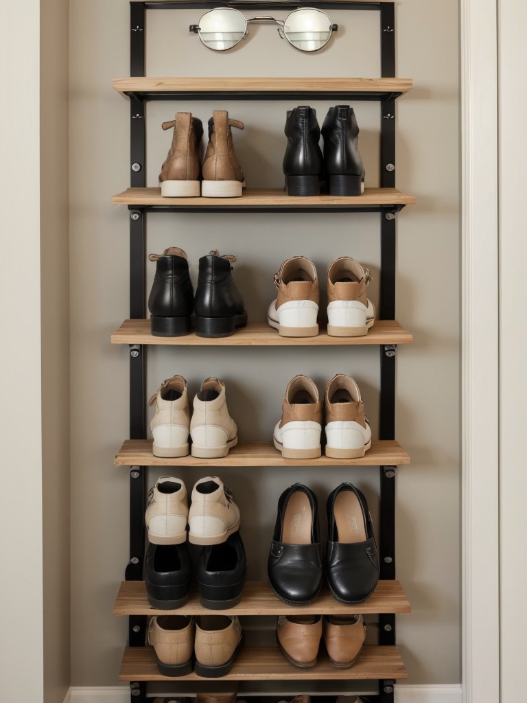 Utilize vertical space with a wall-mounted shoe rack, a hanging organizer for keys and sunglasses, and stylish wall hooks.