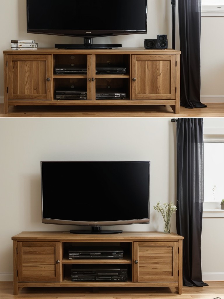Consider a television stand with integrated storage compartments to keep cables, DVDs, and other media equipment organized and hidden from view.