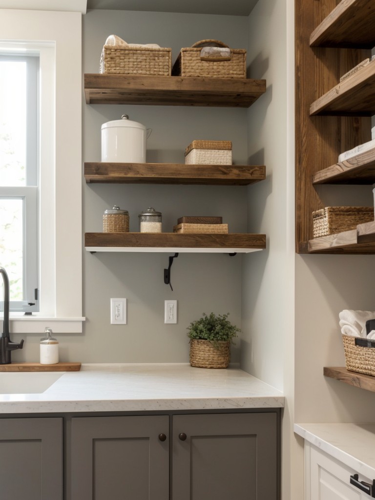Install floating shelves or wall-mounted hooks for additional storage without taking up valuable floor space.