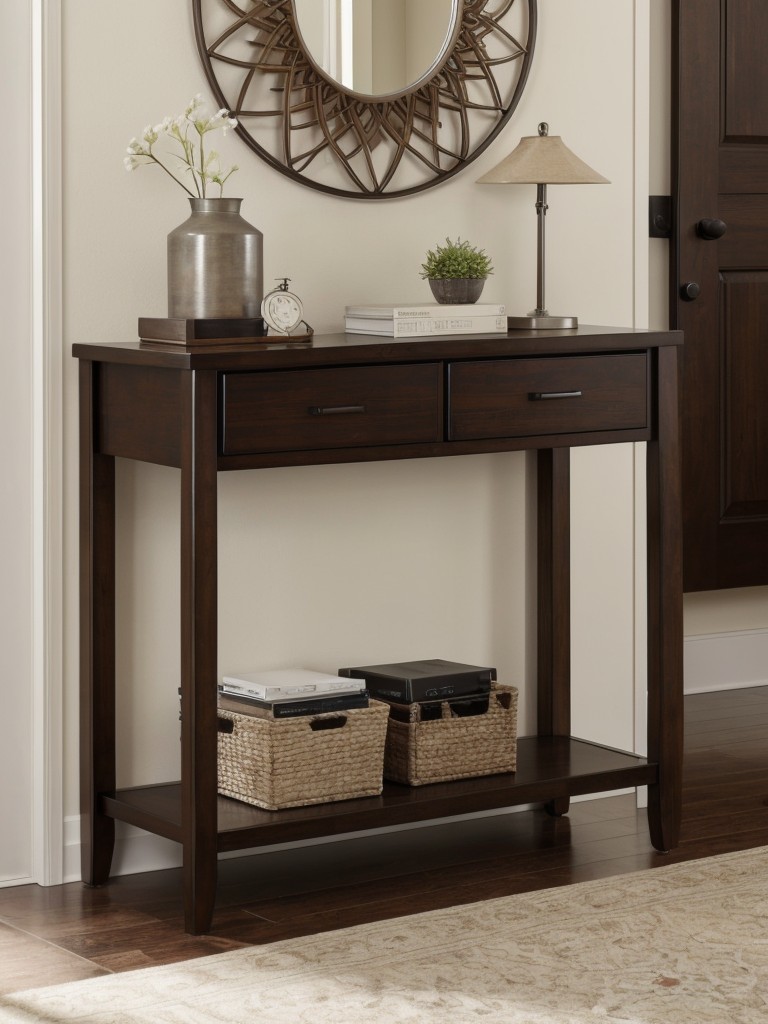 Use a slim console table or standing shelf near the entrance to serve as a catch-all space for keys, mail, and other daily essentials.