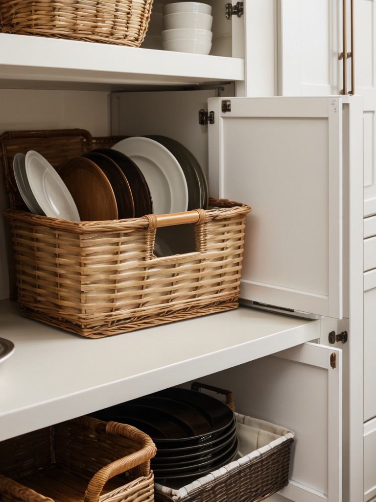 Utilize the area above the kitchen cabinets to store items like cookbooks, decorative plates, or baskets for additional storage.