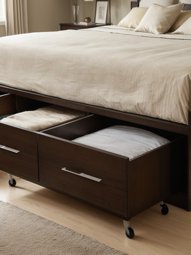 Utilize the space under the bed by using storage containers, drawers, or even a pull-out trundle bed for additional sleeping options.