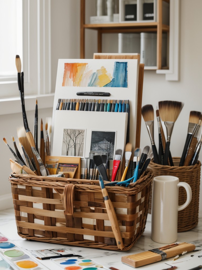 Art and creativity gift basket with sketch pads, paintbrushes, and a selection of art supplies for a new apartment artist.