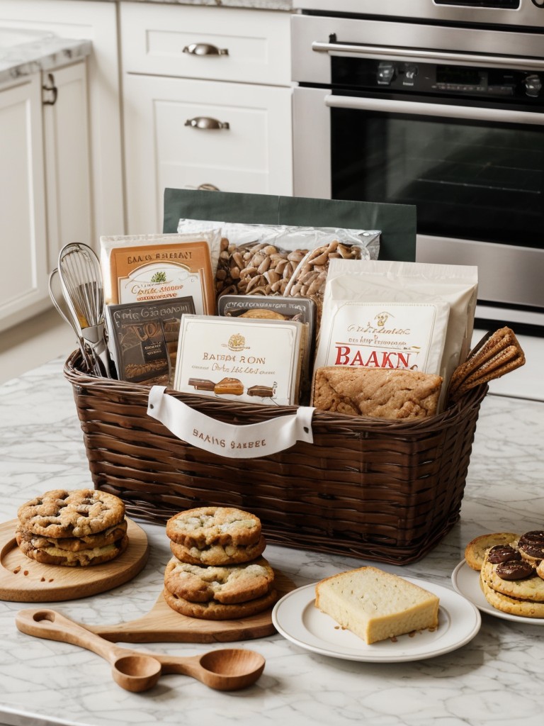 Baking enthusiast gift basket with baking tools, specialty ingredients, and a selection of delicious recipes.