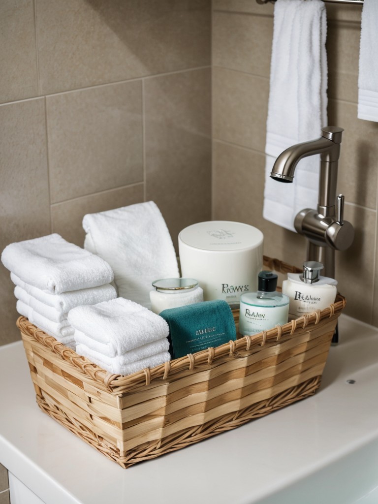 Bathroom essentials gift basket featuring luxurious towels, shower accessories, and a selection of high-quality bath products.