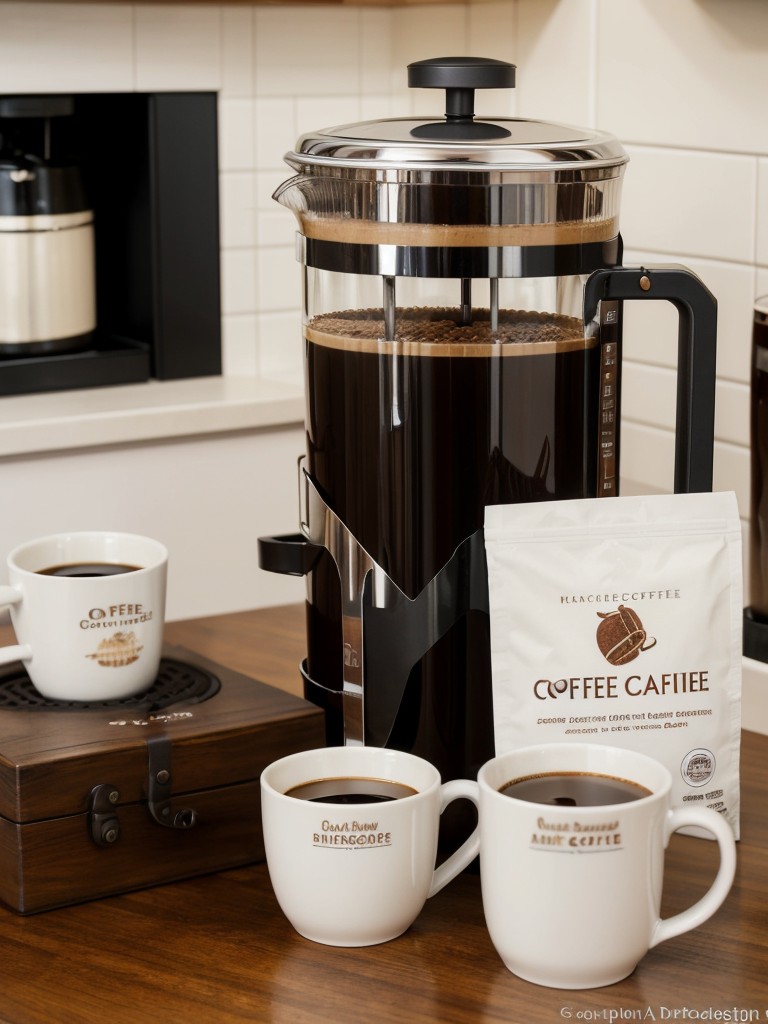 Coffee lover's gift basket with a variety of gourmet coffee beans, a French press or coffee maker, and artisanal mugs.