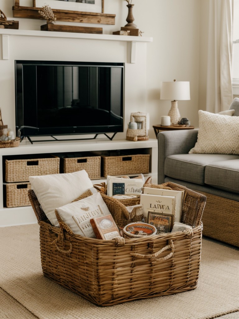 Cozy living room gift basket with throw blankets, scented candles, and a selection of board games or books.