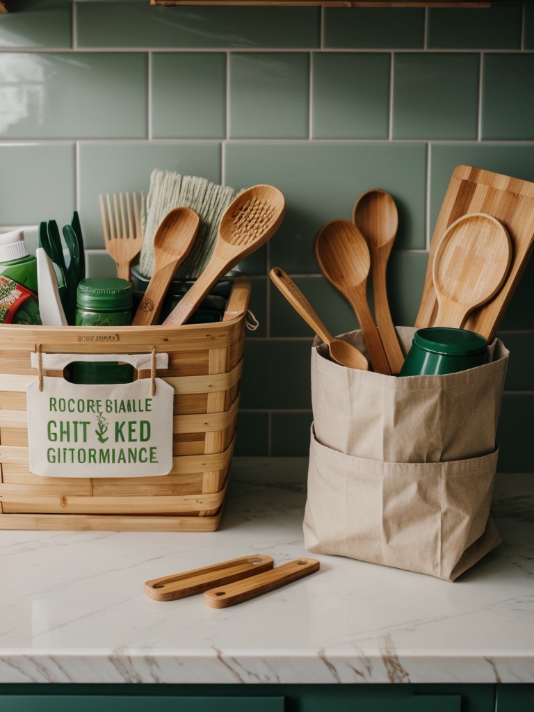 Eco-friendly gift basket featuring reusable grocery bags, bamboo utensils, and sustainable home cleaning products.