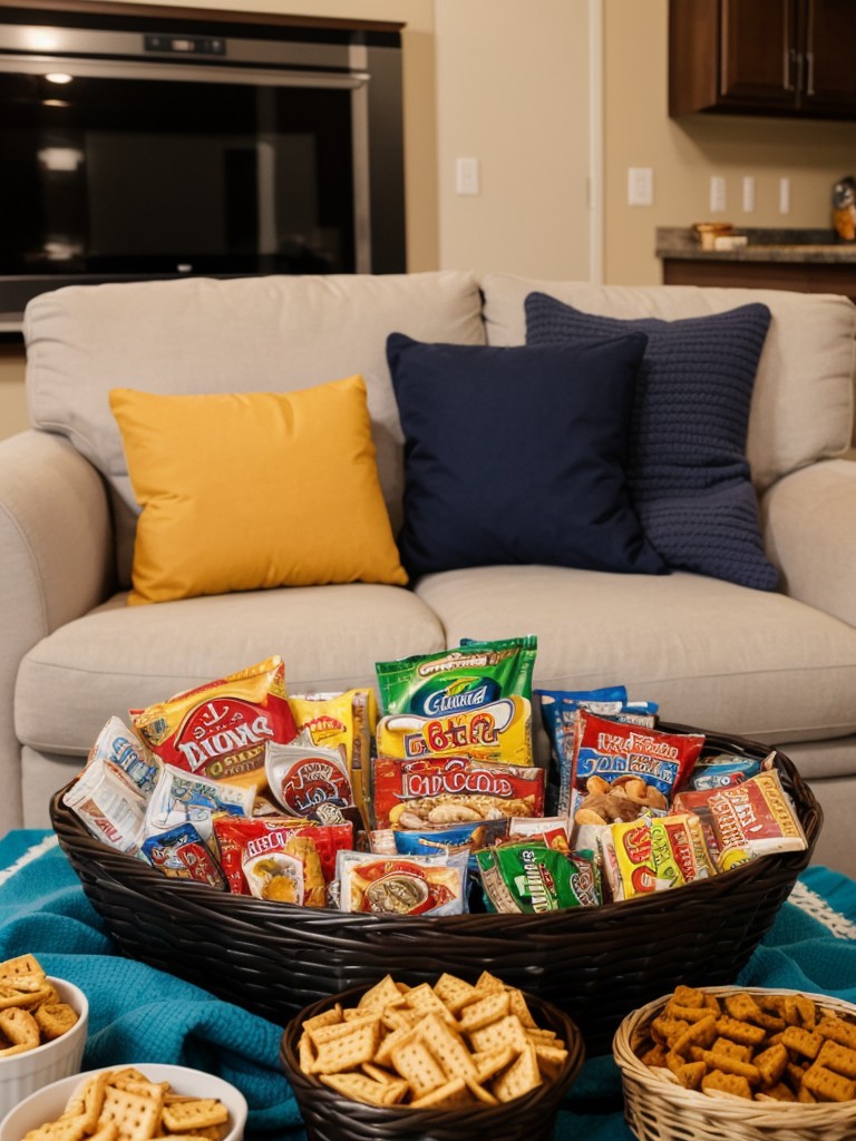 Game night gift basket with a variety of board games, snacks, and cozy blankets for a fun-filled evening with friends or family.