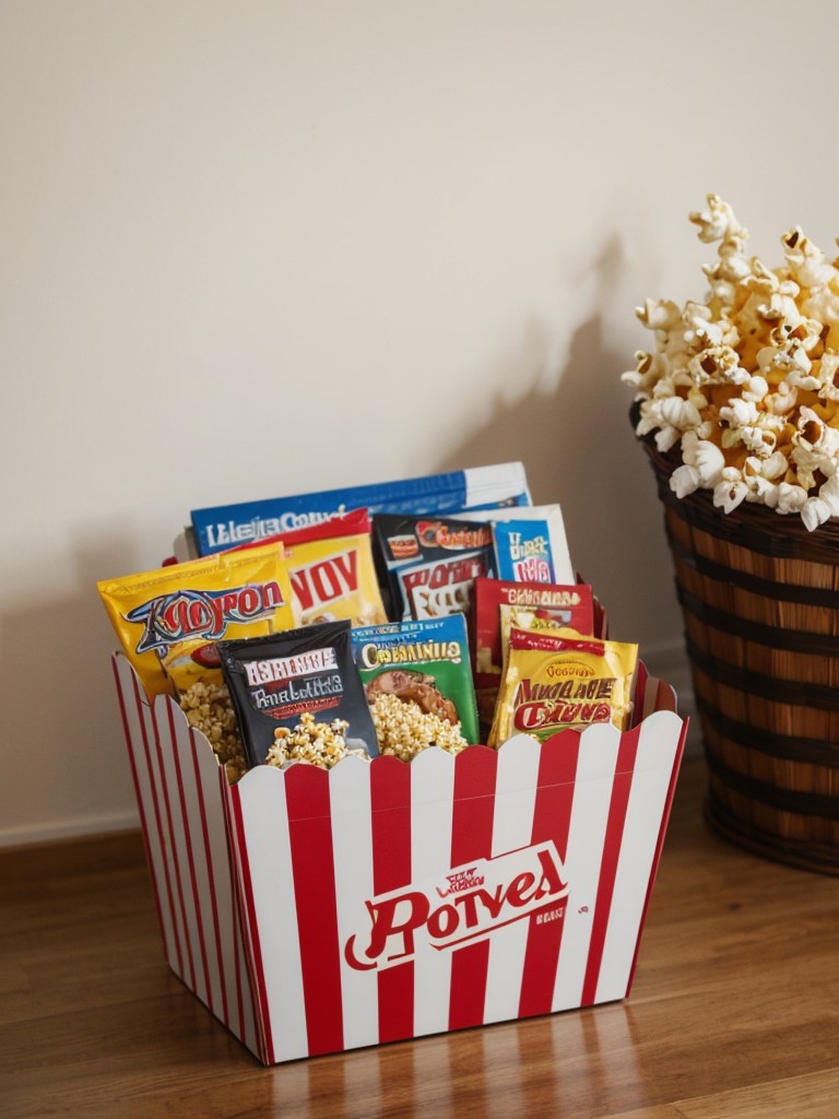 Home entertainment gift basket with a streaming device, popcorn, and a selection of classic movies or TV series.