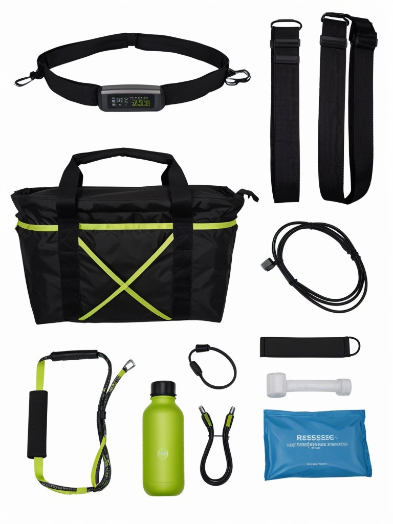 Home fitness gift basket including workout equipment like resistance bands, a fitness tracker, and a water bottle.