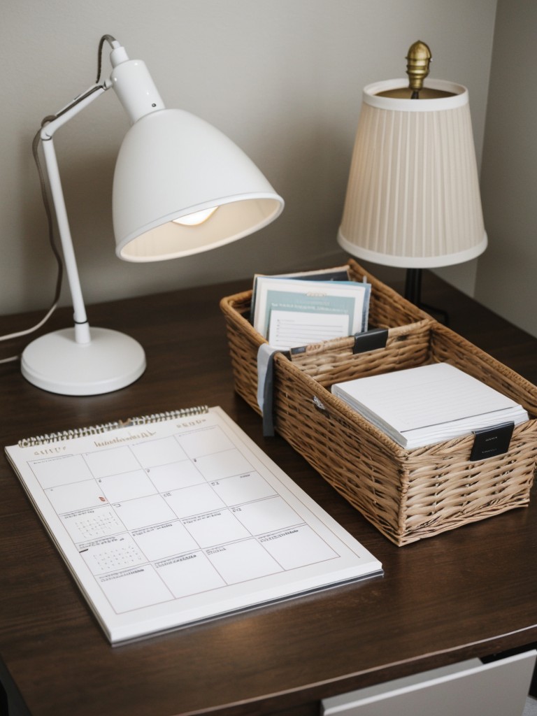 Home office gift basket with organizational supplies, a desk lamp, and a stylish desk calendar or planner.